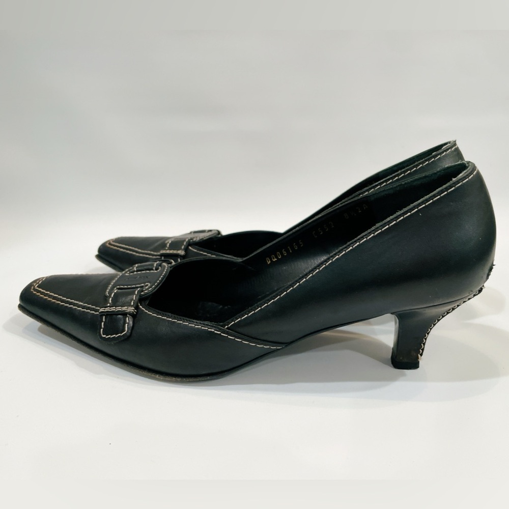 Salvatore Ferragamo Black Square Toes Ivory Stitching Leather Heeled Pumps 8.5 - Picture 3 of 12